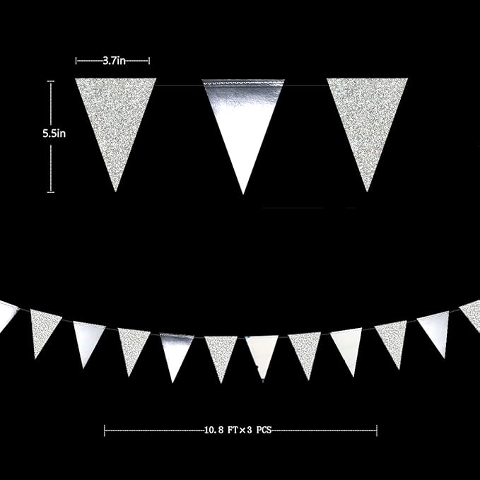 30 Ft Silver Party Decorations Glitter Metallic Paper Triangle Banner Flag - Image 2