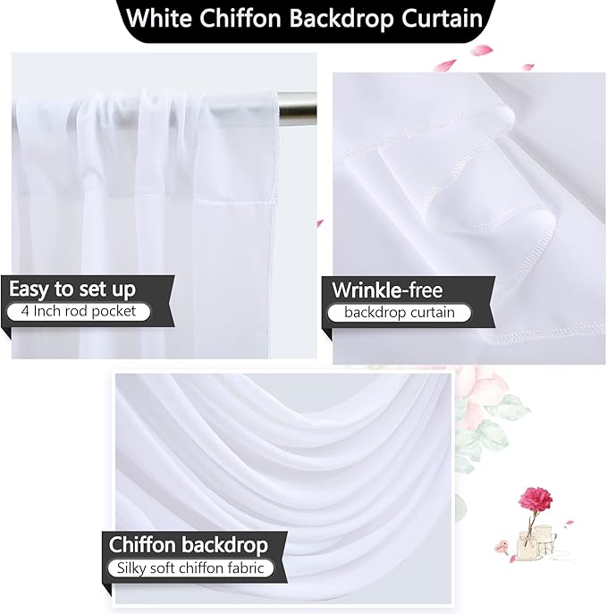 PARTISKY 10x10ft White Chiffon Sheer Backdrop Curtains -Wrinkle-Free Drapes - Image 4