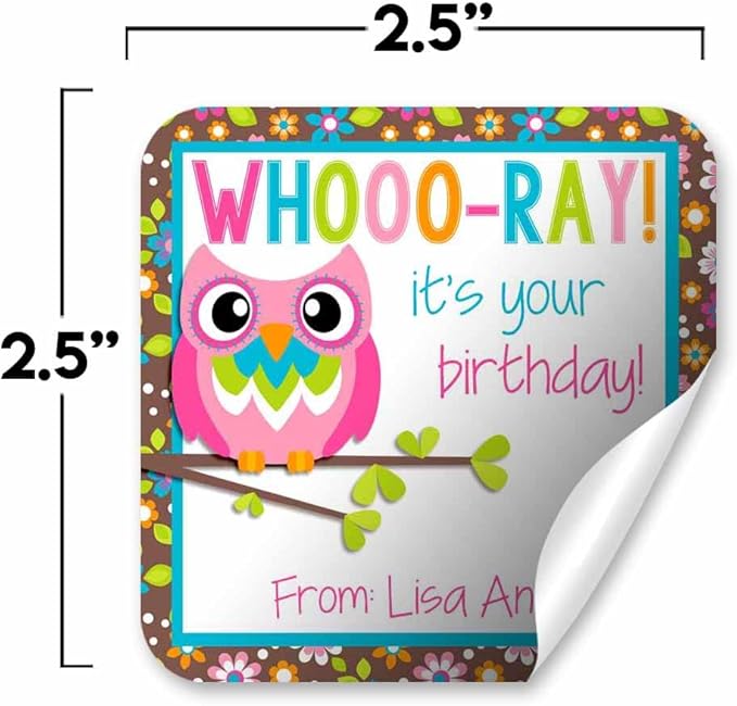 Custom & Personalized Colorful Floral Owl Happy Birthday Gift Tag Sticker Labels - Image 3