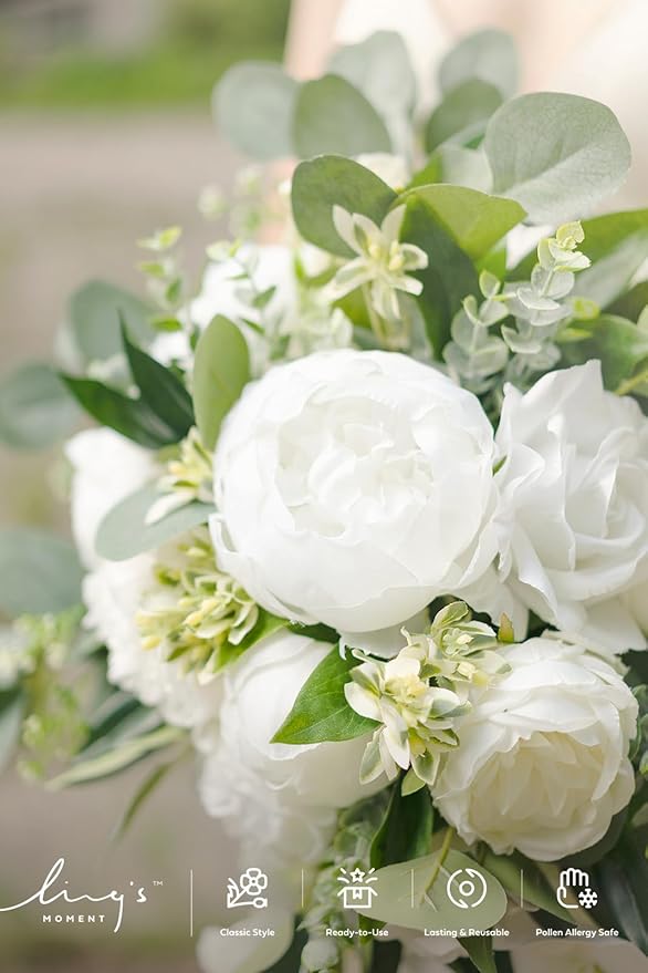 Ling's moment White Bridal Bouquet Cascading, 13 Inch Ivory Bride Bouquets - Image 6