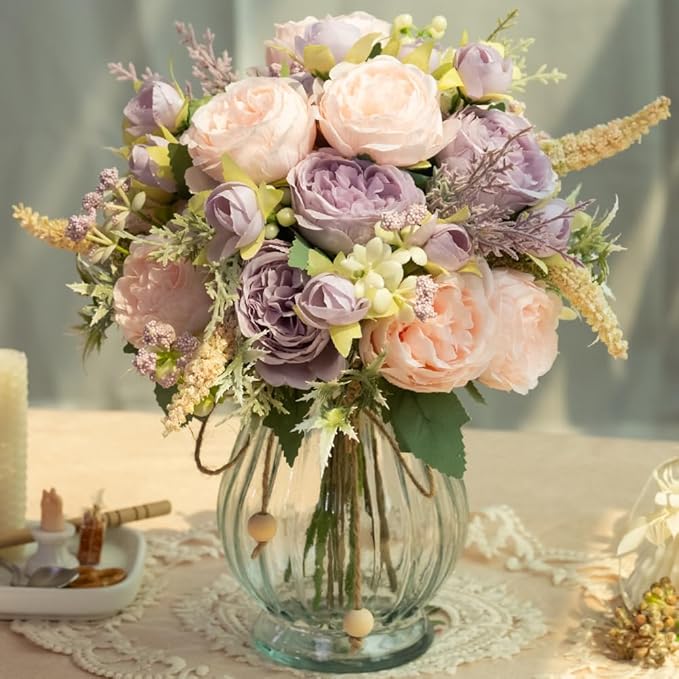 Artificial Peonies Silk Flowers Bouquet in Glass Vase Faux Flowers Bouquets - Image 2