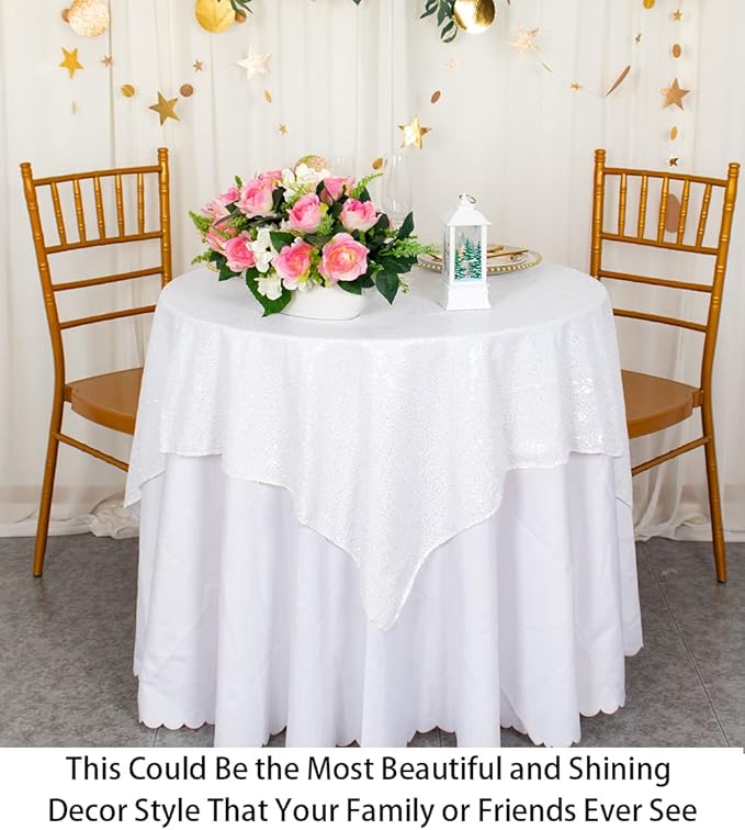 ShinyBeauty Sequin Tablecloth Square 54x54-Inch White Table Cloths - Image 4