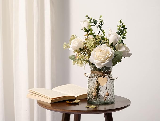 YJ Fake Flowers with Vase, Silk Roses Artificial Flowers in Vase, Faux Flower - Image 2