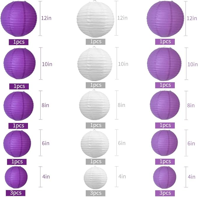 BEISHIDA 21 Pcs Lavender Purple White Round Paper Lanterns Decorative Hanging - Image 2