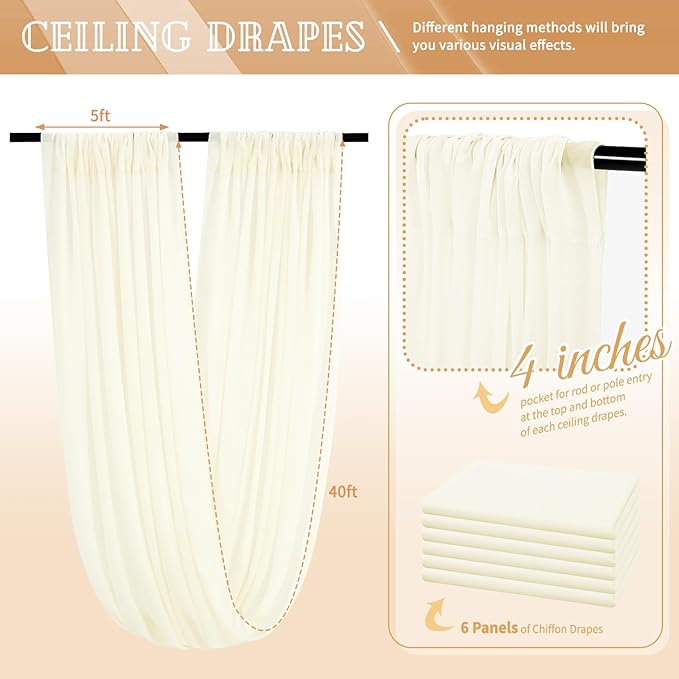 6 Panels Ivory Ceiling Drapes for Wedding 5ftx40ft Sheer Drapery Chiffon Fabric - Image 2