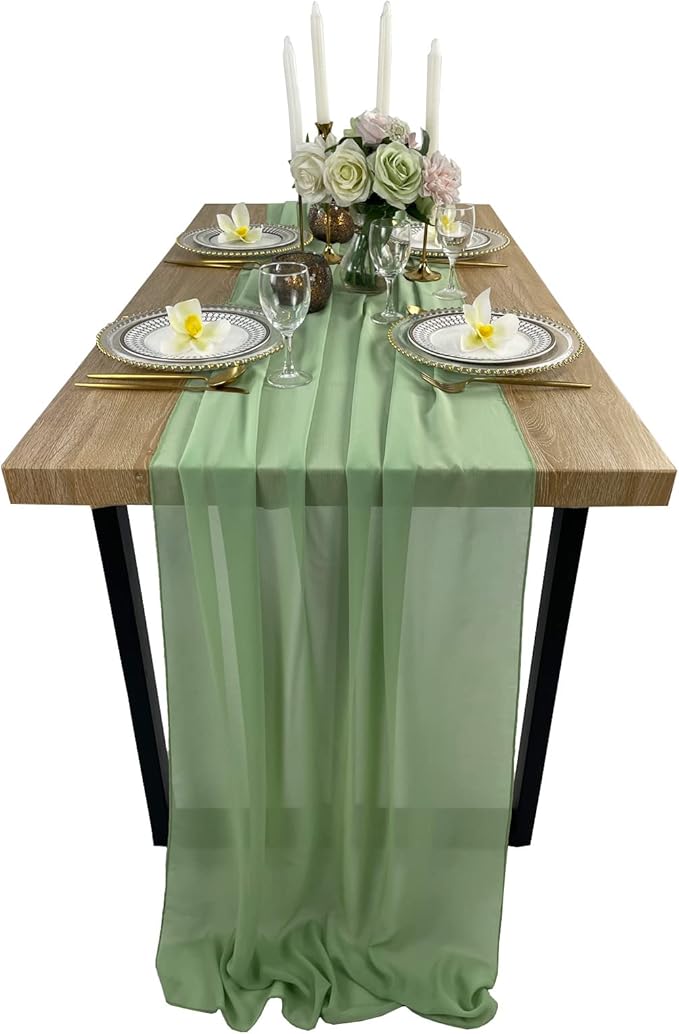 EHLDekol 13ft Sage Green Chiffon Table Runner, 29x156 Inches Romantic and by EHLDekol