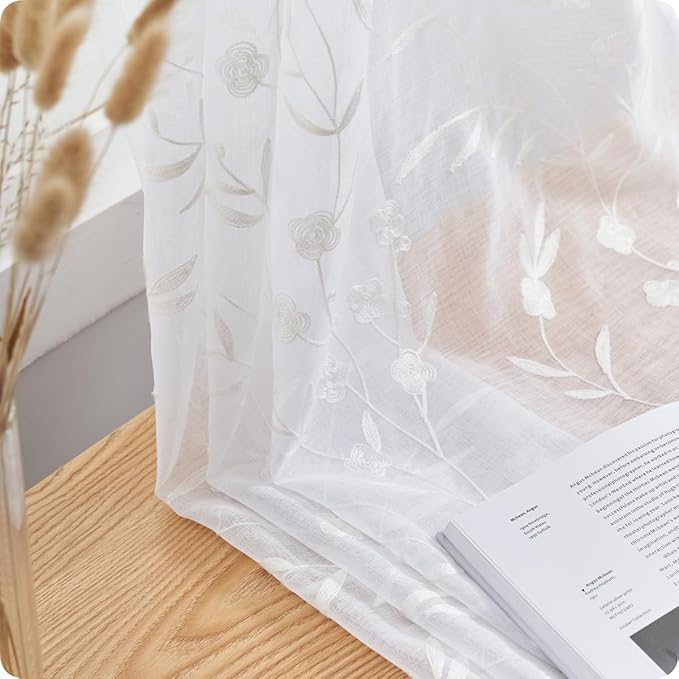 White Sheer Curtains Embroidery 72 Inch Length Rod Pocket Voile Drapes - Image 6