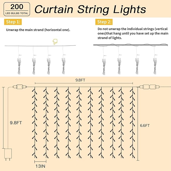 200 LED Curtain String Lights 9.8 * 6.6FT Plug in Fairy - Image 6