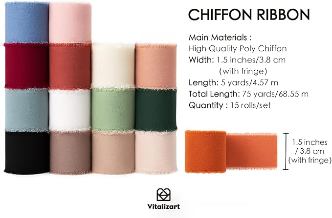 Vitalizart Chiffon Silk Ribbon 1 1/2 Inch x 75 Yd Handmade Frayed Edge Assorted - Image 2
