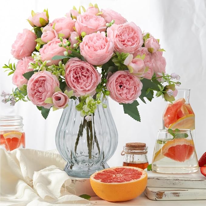 Artificial Peonies Silk Flowers in Glass Vase Faux Flowers Bouquets Modern - Image 5