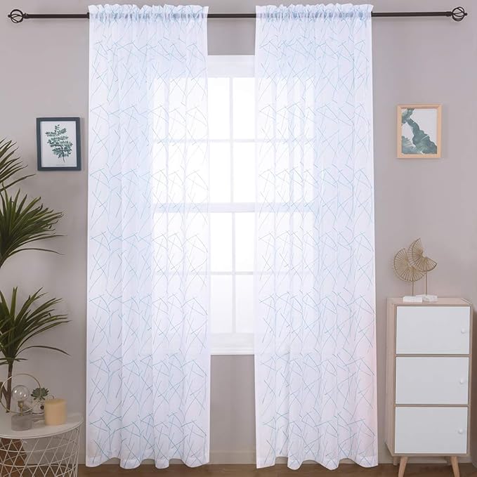 MYSTIC-HOME Sheer Blue Curtains 95 Inches Embroidered Branch Patterned Semi by MYSTIC-HOME