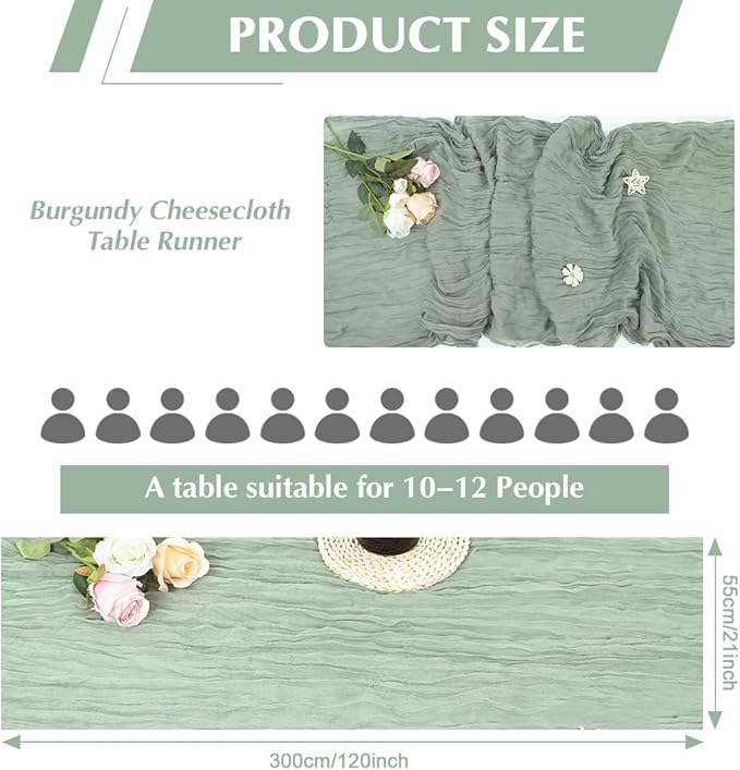 Sage Green Cheesecloth Table Runner -21*120Inch Long Boho Wedding Table Decor - Image 2