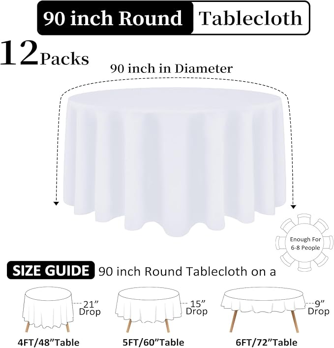 12 Pack White Round Tablecloth 90 Inch White Table Cloth Stain and Wrinkle - Image 2