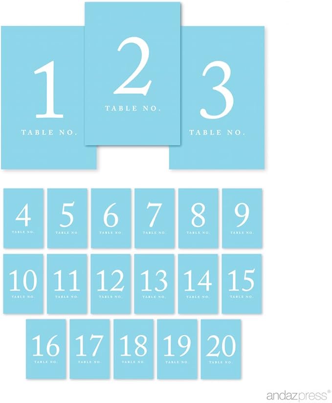 Andaz Press Baby Blue Wedding Table Numbers 1-20, 4x6-Inches Table Number Cards by AndazPress