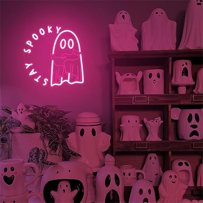 Halloween Ghost holding a cat Stay Spooky Neon Sign, Funny Halloween Party Wall - Image 2