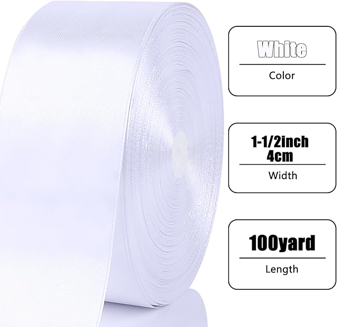 NESCCI 100 Yards Ribbon, 1-1/2 Inch White Satin Ribbon, Single Face Satin - Image 2