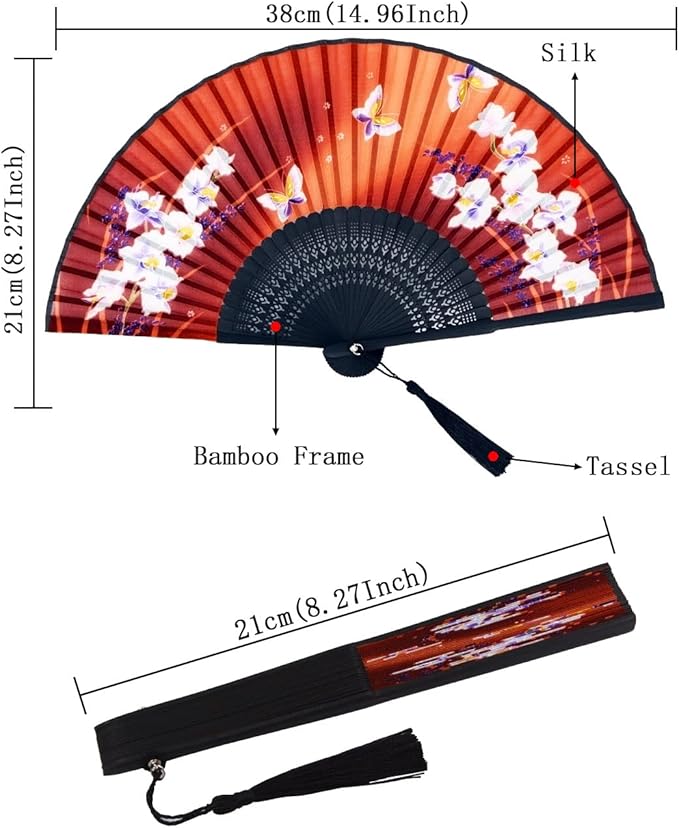 Amajiji Folding Hand Fan for Women, Chinese Japanese Vintage Style Bamboo Silk - Image 2