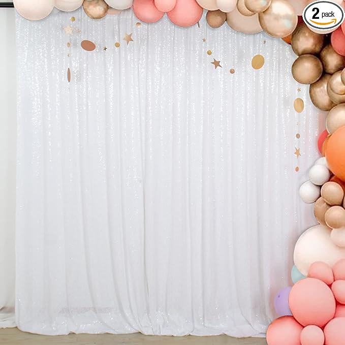 ShinyBeauty White Sequin Backdrop Curtain 2 Panels Seuqin Bakdrop 4X8FT Photo by ShinyBeauty