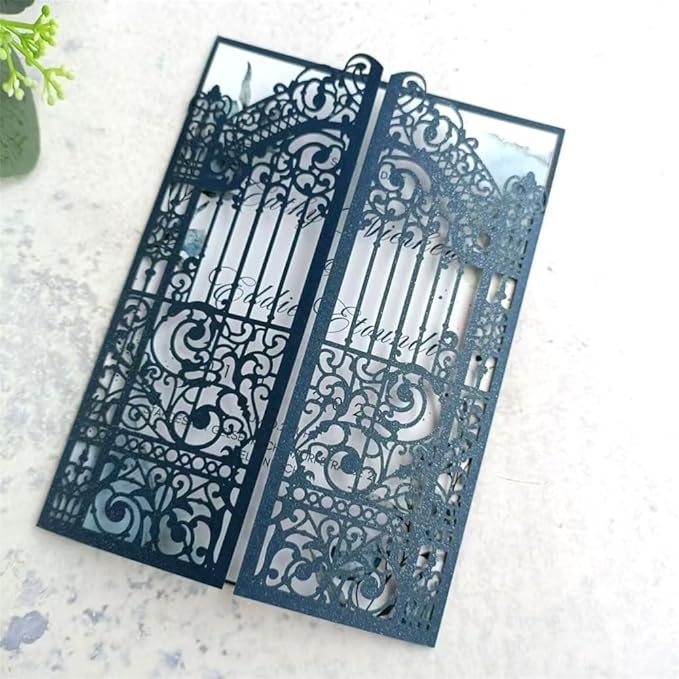 MillaSaw Navy Blue Wedding Invitation Gate Laser Cut Card Marriage Engagement by MillaSaw