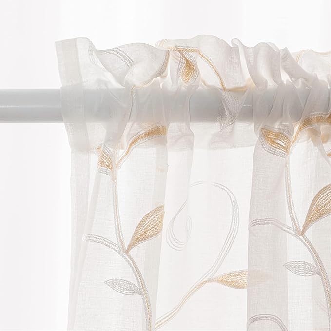 VISIONTEX White Sheer Voile Curtains, Decorative Beige Leaves Embroidery Faux - Image 5