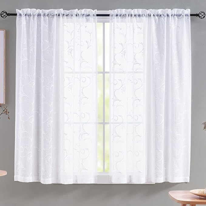 Floral Embroidery Sheer Curtains White 45 Inch Length, Vintage Rod Pocket Voile - Image 3