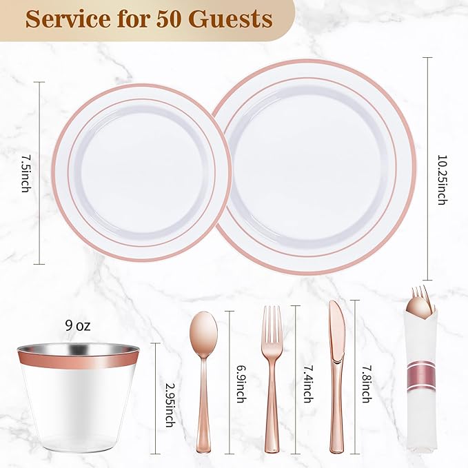 BESTVIP 350PCS Rose Gold Plastic Dinnerware Set, Disposable Party Plates - Image 4