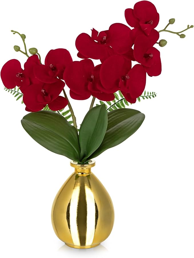 Red Orchids Artificial Flowers, Faux Orchid in Glass Vase Real Touch Small by Oairse