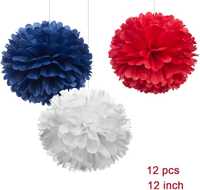 12" Red White Blue Tissue Pom Poms DIY Hanging Paper Flower Balls - Image 2