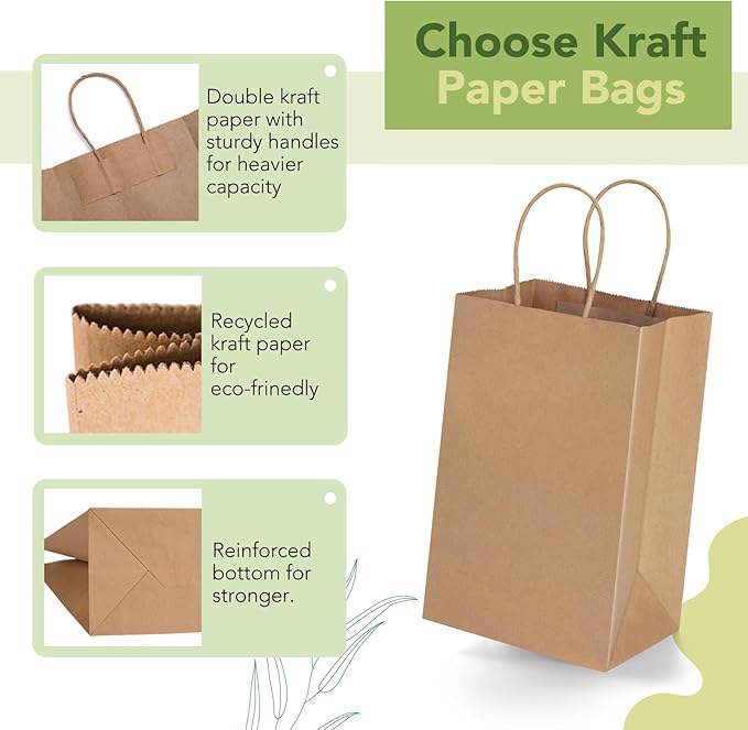 MESHA Kraft Gift Bags 200 Pack 5.25x3.75x8 Inch Small Brown Paper Bags - Image 3
