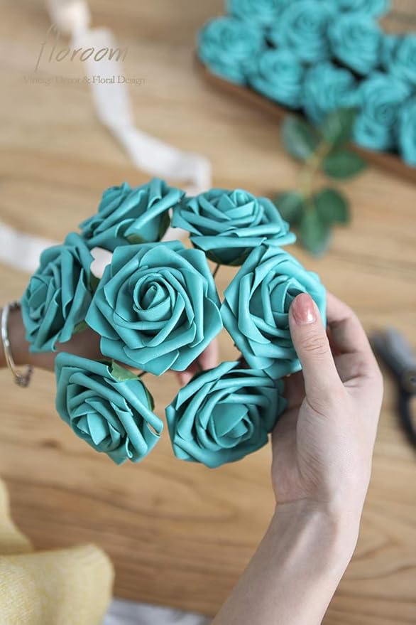 Floroom Artificial Flowers 50pcs Real Looking Teal Green Foam Fake Roses - Image 3