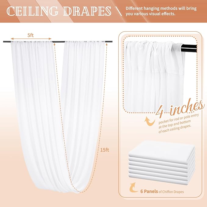 6 Panels White Ceiling Drapes for Wedding 5ftx15ft Sheer Drapery Chiffon Fabric - Image 2