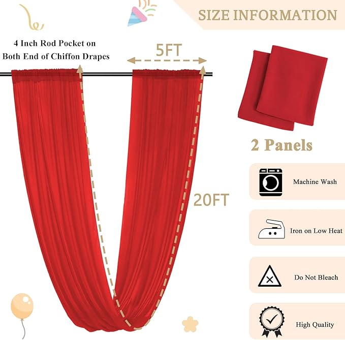 MODFUNS Red Ceiling Drapes for Parties Wedding Ceiling Drapery 2 Panels 5x20FT - Image 2