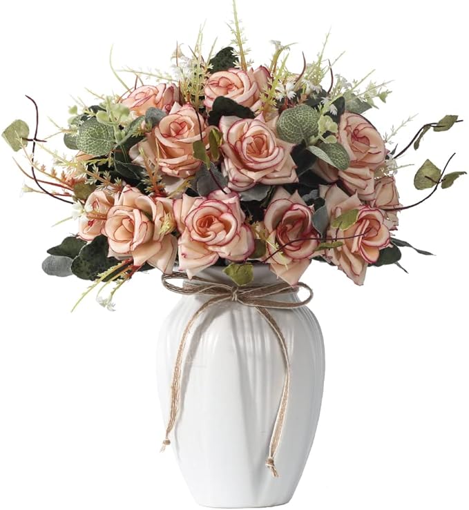 LESING Artificial Rose with Vase, Fake Silk Flowers Bouquets in Vase Table by LESING