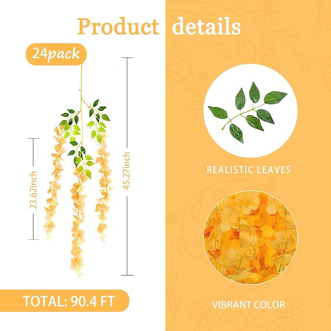 24 Pack Orange Wisteria Hanging Flowers Garland, 3.77 Feet Artificial Flower - Image 3