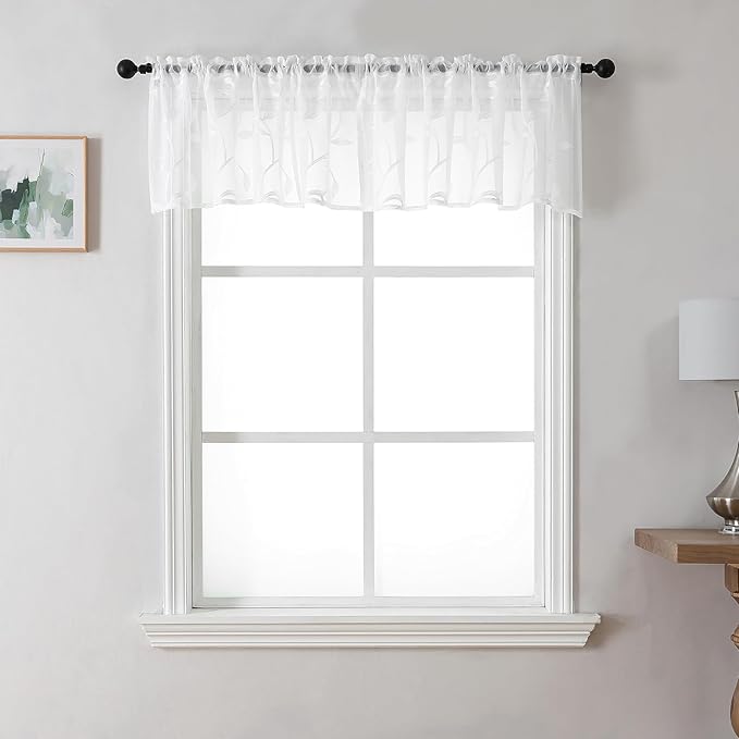 VISIONTEX Sheer Voile Curtain Valances, Decorative Leaves Embroidered, Rod by VISIONTEX