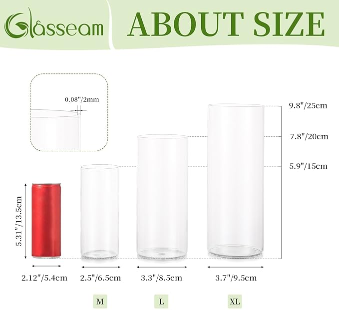 Glasseam Clear Cylinder Vases for Centerpieces, Glass Cylinder Vase Set of 6 - Image 5