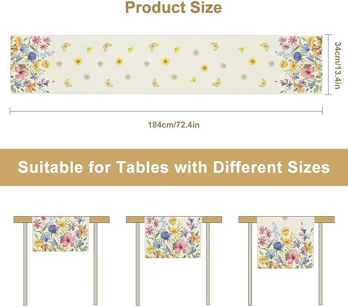 Flower Table Runner, Colorful Watercolor Pink Flower Plants Nature Butterfly - Image 3
