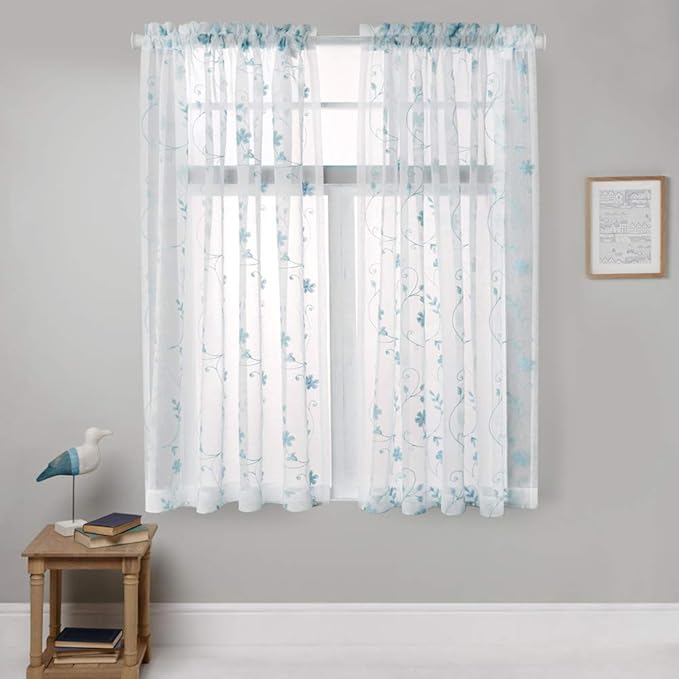 Floral Embroidery Sheer Curtains Blue 63 Inches, Rod Pocket Voile Drapes - Image 2