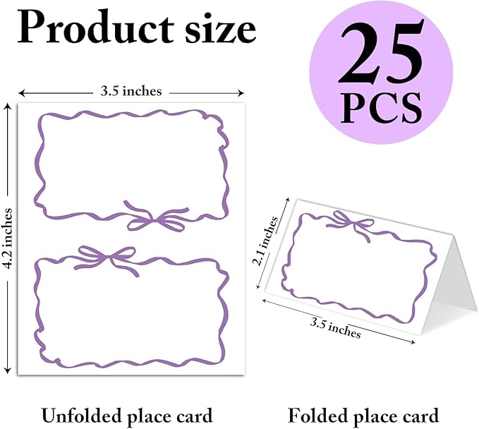 25 Pack Purple Bow Wave Place Cards, Editable Name Cards - Image 2