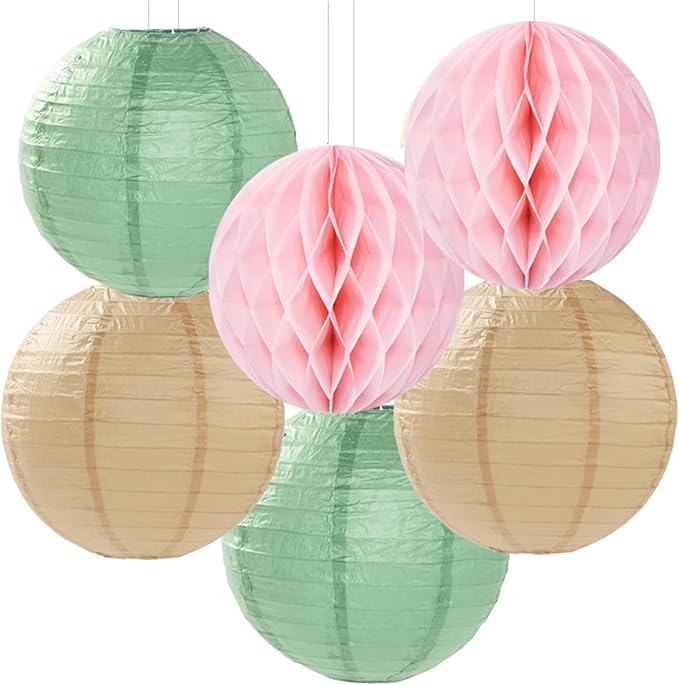 Sage-Green Pink-Champagne Party-Decorations Streamers Lanterns - Image 3