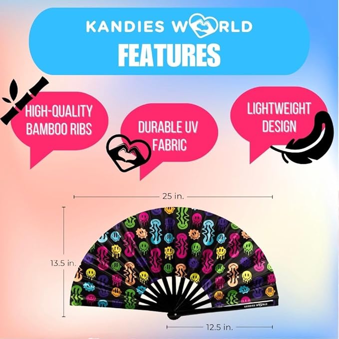 Kandies World UV Reactive Custom Festival Folding Hand Fan - Image 2