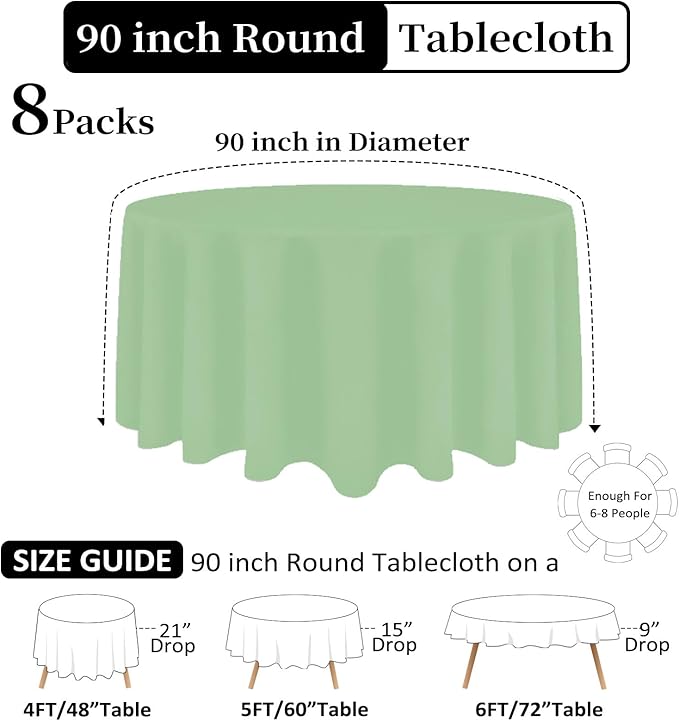 8 Pack Sage Green Round Tablecloth 90 Inch Stain and Wrinkle Resistant Round - Image 2
