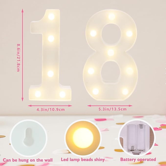 Decorative Led Light Up Numbers, 18th Birthday Decorations, Warm White Led - Image 2