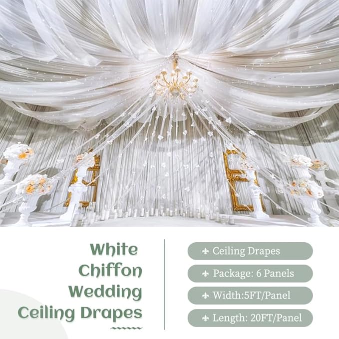 6 Panels White Ceiling Drapes 5ftx20ft Extra Long Wedding Ceiling Drapes - Image 2