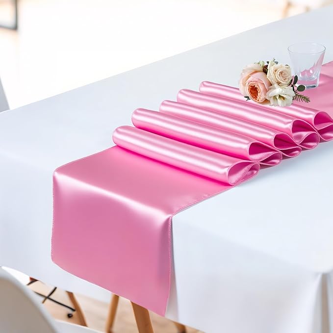 SHEJIZE 10 Pack Pink Satin Table Runner 12x108 Inches Long, Bright Silky Smooth - Image 7