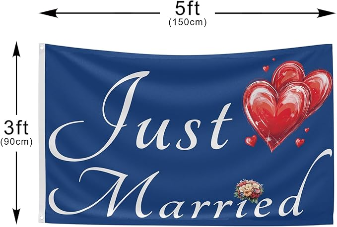 Just Married Flag Banner Outdoor Indoor Decoration Flag 3x5 FT Double Stitched - Image 2