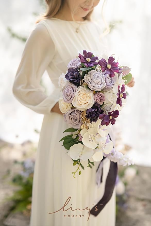 Ling's Moment Purple Bridal Bouquet Cascading, Lilac Wedding Bouquets - Image 3