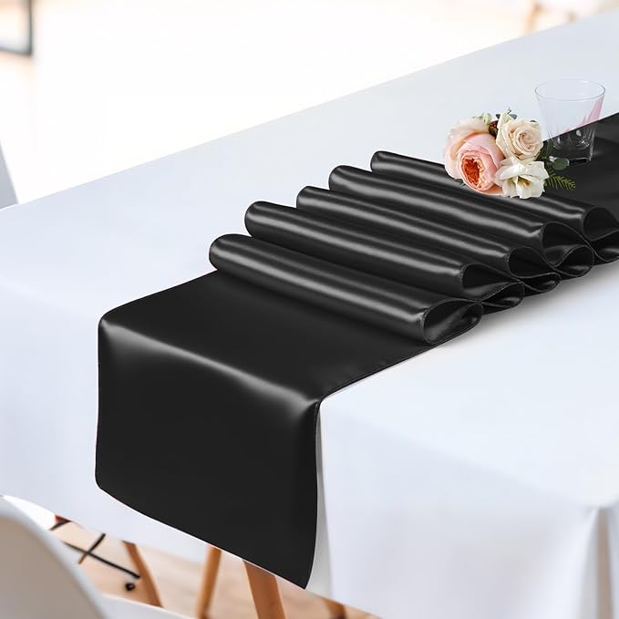 SHEJIZE 20 Pack Black Satin Table Runner 12x108 Inches Long, Bright Silky - Image 5