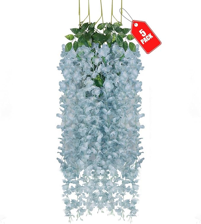 5pcs Grey Artificial Wisteria Garland, 3.77 Ft Hanging Flowers, Irregular Shape by ZEBMOON