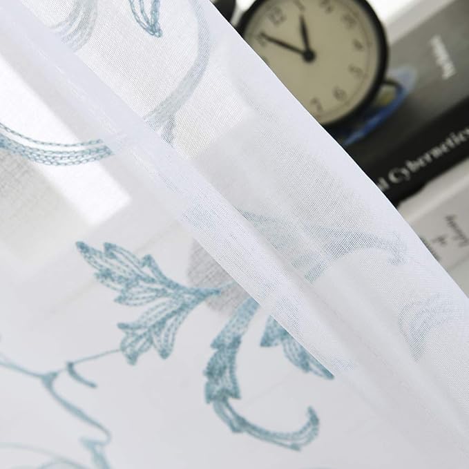 Embroidered Sheer Curtains Blue 95 Inches Vintage Floral, Window Treatments Rod - Image 6